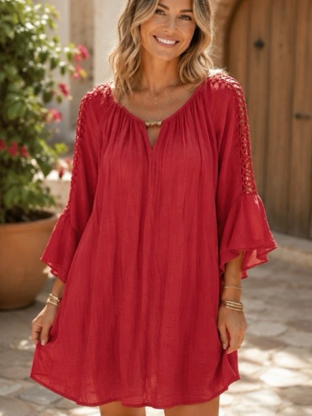 Crochet-Sleeve Mini Dress